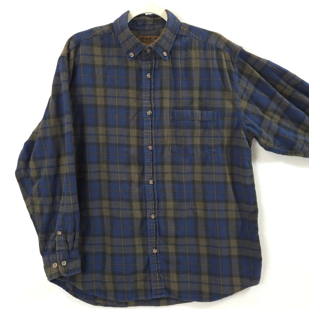 Brazos Flannel Shirt Tartan Plaid Blue Green Men L Rugged Workwear Grunge Cotton